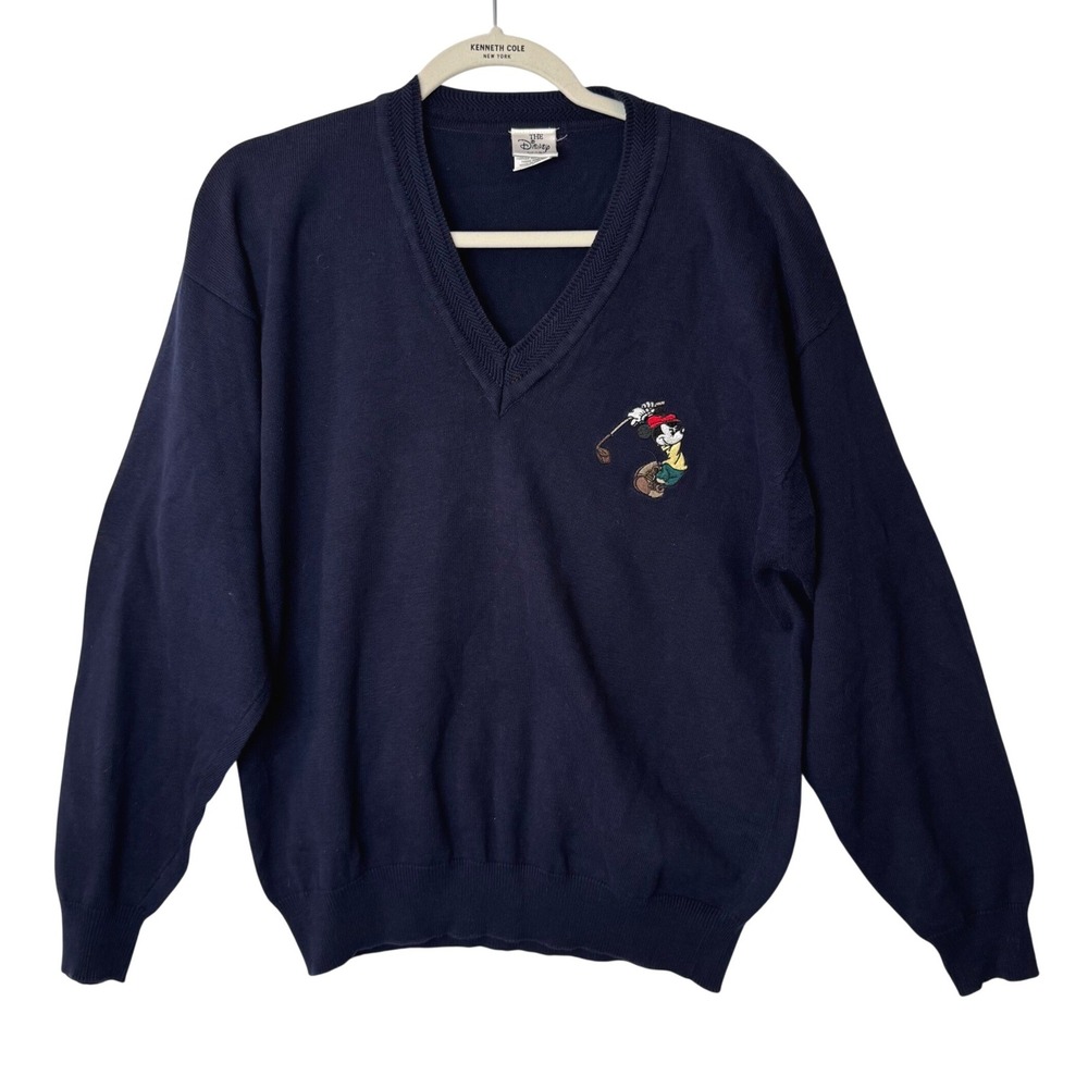 Vtg Disney Store Sweater Mens M Navy Blue Mickey Golf V-Neck Grandpa Retro